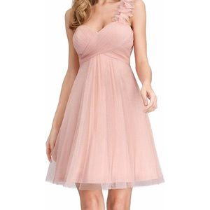 Pink one shoulder flowers short bridesmaid dress